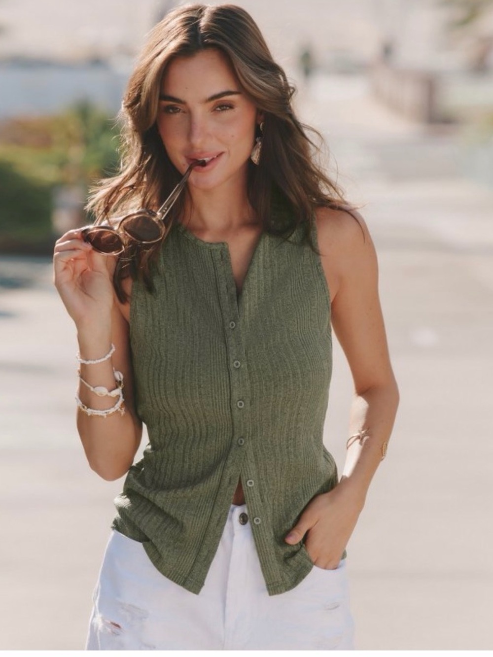 CUPSHE Ribbed Button Front Tank Top Olive Green Sleeveless Knit Size Small NWT